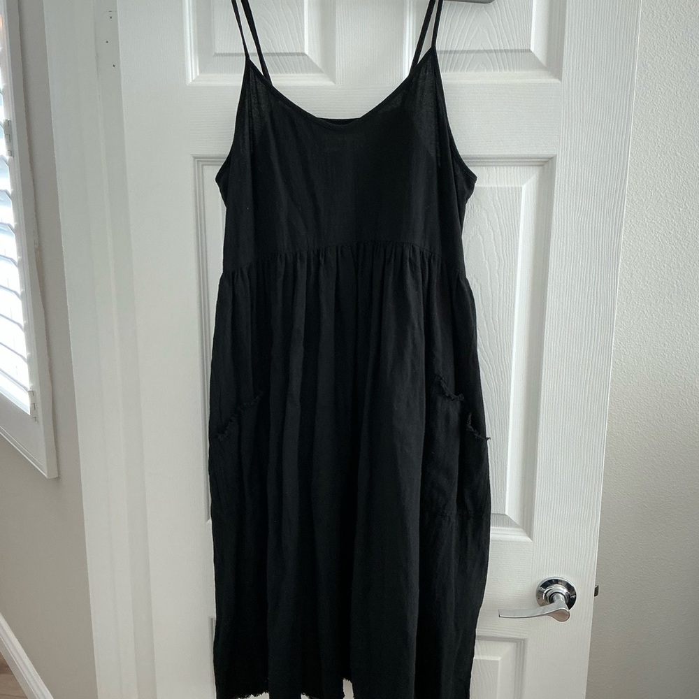 THE GREAT. Black Midi Dress with Spaghetti Straps